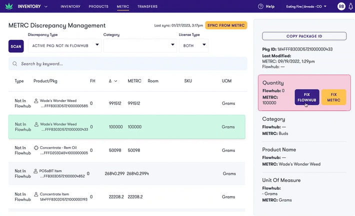 Flowhub Maui Metrc Discrepancy Management Active Package Not in Flowhub